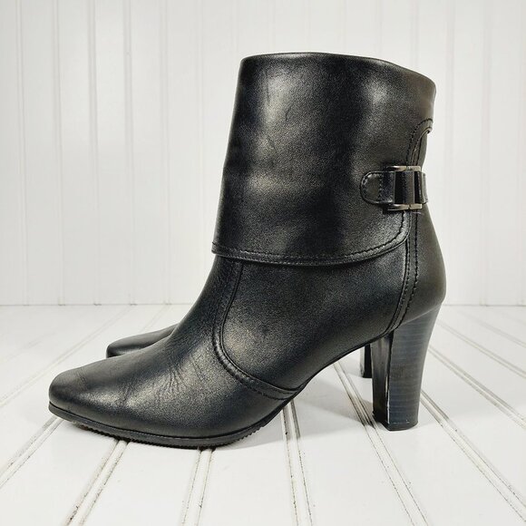 Laura Ashley Shoes - Laura Ashley Black Leather Selma Heeled Ankle / Mid Calf Boots with Buckle H712